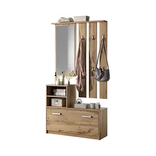 Selsey Yesfir - Garderobenset Mit Schuhschrank, Spiegel, 6 Kleiderhaken Und 2 Offenen Fächern (holzoptik Wotan Eiche)