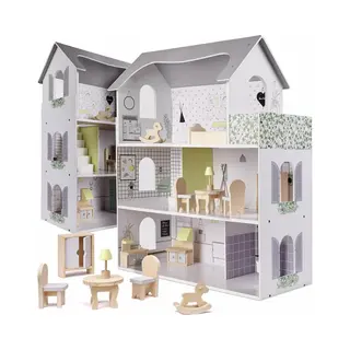 Ikonka Houten Poppenhuis + Meubeltjes 70cm Grijs