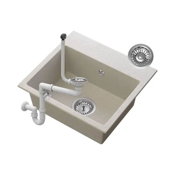 Spülbecken 45x42 Cm Mit Siphon - Granitspüle Mit Vorgebohrte Löche - Waschbecken Für Küche - Einbauspüle Milos - Beige - Granitan thumbnail