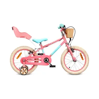 Sun Baby Kinderfiets 16 Inch Lovel Fiets Voor Meisje 4-6 Jaar, Max 50 Kg - Poppenstoeltje, Zijwieltjes, Mandje, Bel, Kettingkast - Roze-Muntgroen