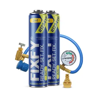 Fixfy 2in1 – Set, Schlauch Mit Manometer + Adapter + 2 X Ersatz-Kältemittel R1234YF Mit Öl – Für Fahrzeuge Ab Baujahr 2017 – Klimaanlage