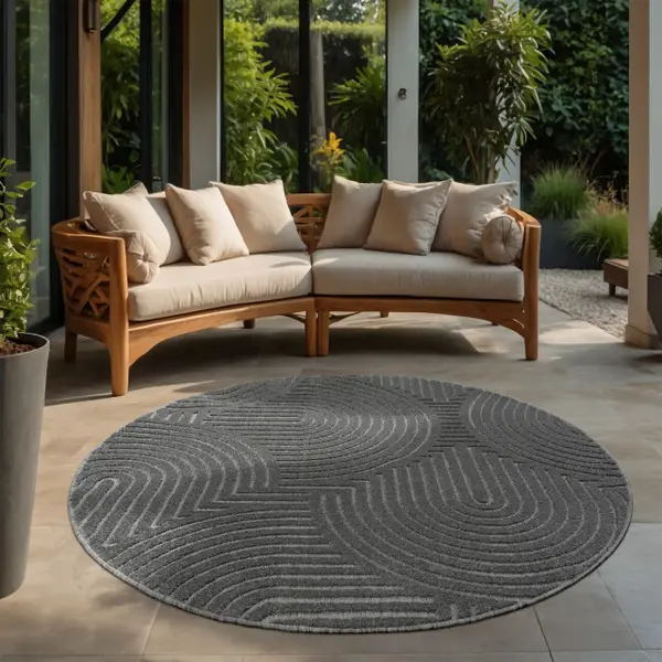 Muratap Berlin Outdoor - Japandi - Rond - Grijs - Vloerkleed Binnen En Buiten - Laagpolig Tapijt Tuin- 150 Cm Rond thumbnail