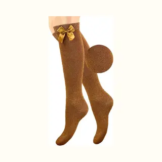 Meisjes Kniekous - Zijde Strikje - Glitter - Caramel - Maat 39-42