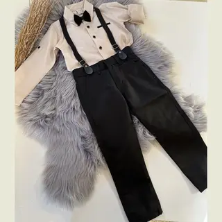Luxe Vierdelige Katoenen Set-4 Delig Kinderpak- Effen Beige Overhemd, Verstelbare Bretels En Vlinderdas- Kostuumbroek (zwart),