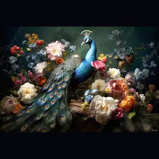 John Joseb Art Jj-Art (Canvas) 60x40 | Pauw Met Bloemen, Kunst, Woonkamer, Slaapkamer | Vogel, Dier, Rood, Blauw, Groen, Geel, Bruin, Modern | Foto-Schilderij Canvas