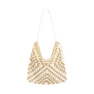 Yehwang Tas-Hobo-Crochet-gehaakt-Beach Bag-Boho Style-Ibiza Style-Gipsy Style-Met Rits-Naturel/Beige-36cmx36cm