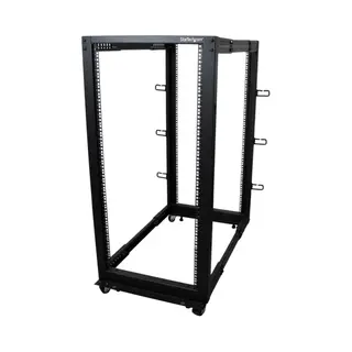 StarTech.com 4-Post 25U Mobile Open Frame Server Rack, Four Post 19in Network Rack with Wheels, Rolling Rack with Adjustable Depth for Computer/Av/Data/It Equipment - Casters, Leveling Feet or Floor Mounting