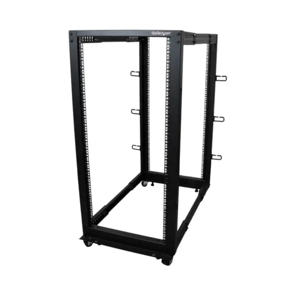 StarTech.com 4-Post 25U Mobile Open Frame Server Rack, Four Post 19in Network Rack with Wheels, Rolling Rack with Adjustable Depth for Computer/Av/Data/It Equipment - Casters, Leveling Feet or Floor Mounting thumbnail