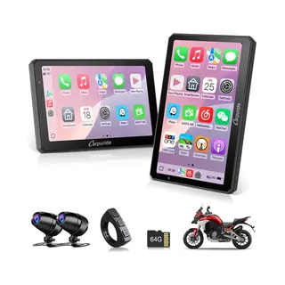 Carpuride W712D - CarPlay-scherm - Motorfietsen - 1080P Hd Dubbele Dashcam - 7 Inch - Waterdicht - Draaibaar - Touchscreen - Draadloze CarPlay En