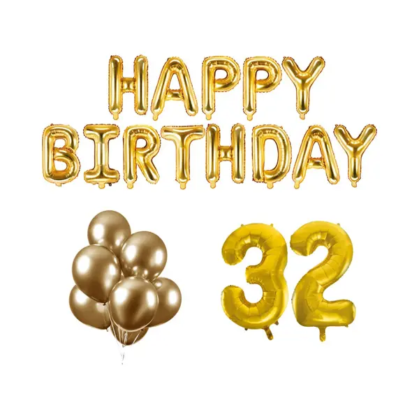 32 Jaar Verjaardag Versiering Ballon Pakket Goud - Cijferballonnen & Happy Birthday thumbnail