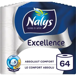 Nalys Excellence Toiletpapier - 64 Rollen - Maxi Vellen (5-laags) - Voordeelverpakking - Papieren Verpakking
