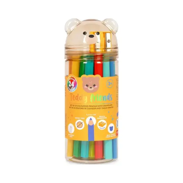 Legami - Set Mit 24 Buntstiften Mit Spitzer Teddy Friends, Bärenförmig, Langlebig, Holzfrei, Leuchtende Farben, Wiederverwendbarer Pet-Behälter thumbnail