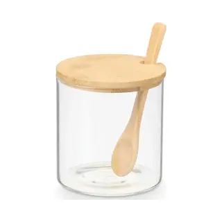 Vivalto Suikerpot Bamboo - Glas/bamboe Hout - Transparant - 12 Cm - Dispenser Met Lepel - Luxe Uitvoering