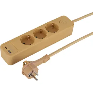 Q-Link Stekkerdoos - 3-voudig - Randaarde - Plat - Usb A/C - 1.5 M - 3 X 1.5 Mm² - Textiel - Mat Goud