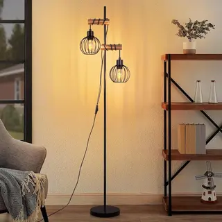 Glitzerlife Vloerlamp - Zwart Hout & Metaal - Vintage Industrieel Design Staande Lamp - 2-lichts E27 Fitting Met Schakelaar - 152cm Hoog Voor