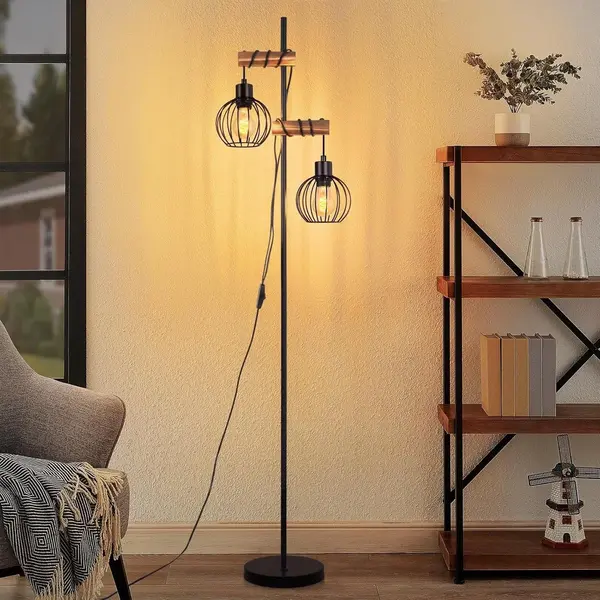 Glitzerlife Vloerlamp - Zwart Hout & Metaal - Vintage Industrieel Design Staande Lamp - 2-lichts E27 Fitting Met Schakelaar - 152cm Hoog Voor thumbnail