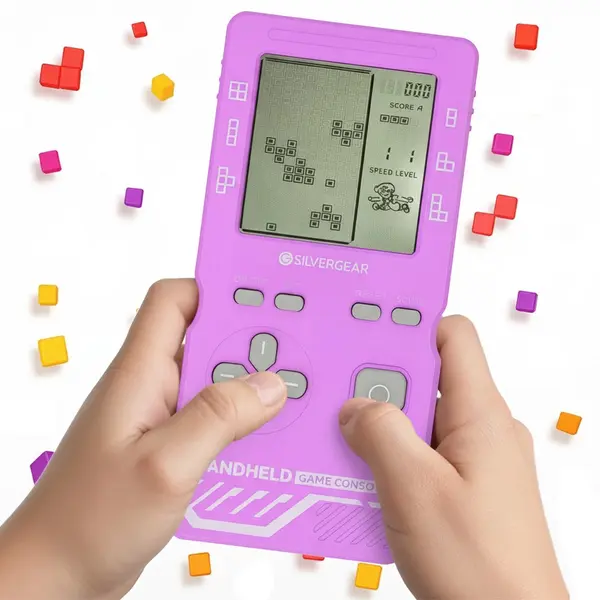 Silvergear® Retro Handheld Spielkonsole Blockspiel | Mini Tetris Konsole Mit 26 Spielen | Tragbare Spielkonsole Für Kinder Und Erwachsene | Maße thumbnail