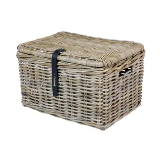 Basil Dax L Rattan Fahrradkorb, Stilvoller Rechteckiger Aufbewahrungskorb Mit Deckel Und Kunstledergriffen, Grau, Handgeflochten, 30 L Volumen, Ideal