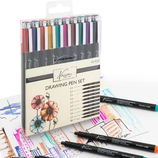 Nassau Fine Art Fineliners Gekleurd 10pcs - Bullet Journal Pennen Voor Volwassenen 9 Fineliners En 1 Zwarte Brush Pen - Handlettering - Gekleurde Pennen - Ontwerpen -