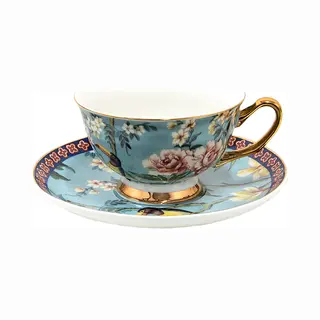 Clayre & Eef Kop En Schotel 200 Ml Blauw Goudkleurig Porselein Vogels