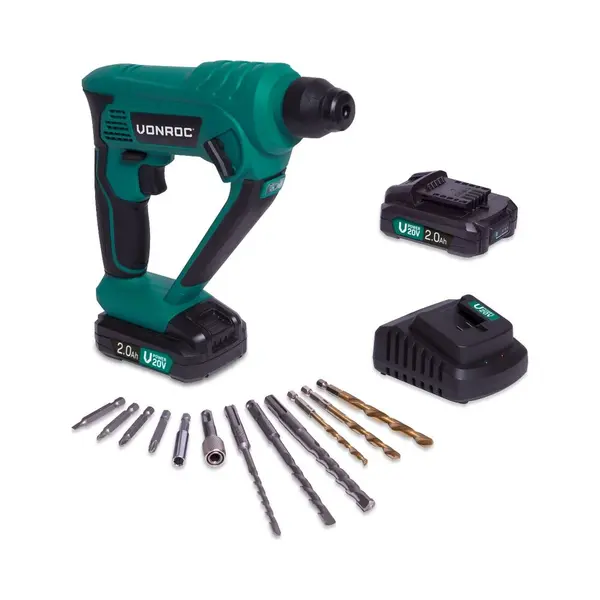 Vonroc - Akku-bohrhammer – 20 V – Inkl. 2x 2, 0 Ah Akkus Und Ladegerät – 1, 3 Joule – Sds-plus – Inkl. Zubehör Und Werkzeugtasche thumbnail