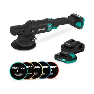 Vonroc Pro Doppelschleifer 20V – Ø 150mm | Inkl. 2x 2, 0Ah Akkus, Schnellladegerät Und 5 Polierpads