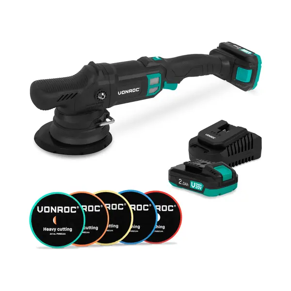 Vonroc Pro Doppelschleifer 20V – Ø 150mm | Inkl. 2x 2, 0Ah Akkus, Schnellladegerät Und 5 Polierpads thumbnail