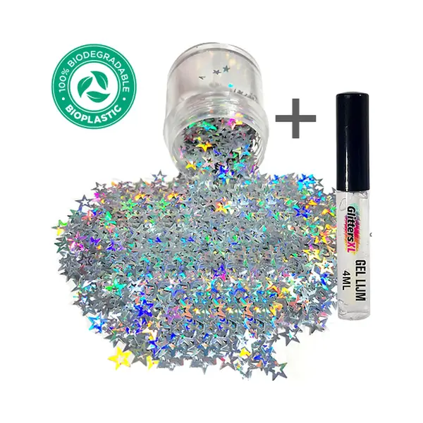 Chunky Glitters (Zilveren Sterren) + Glitter Huid Lijm [Volume 8g - Zilver Ster Festival Jewels Glitter Outfit Lichaam Gezicht - Diamond Dots Face thumbnail