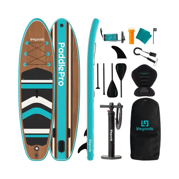 LifeGoods PaddlePro Sup Board - Mit Sitz - Aufblasbares Paddle Board - Komplettset - Max. 150KG - 320x81cm - Holz/Blau thumbnail
