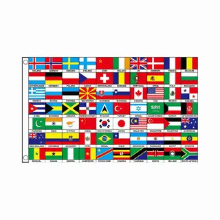 Internationale Versiering Vlag - Met 70 Landen - 150 X 90 Cm - Polyester - Met Ringen - Decoratie - Sport - Wereld
