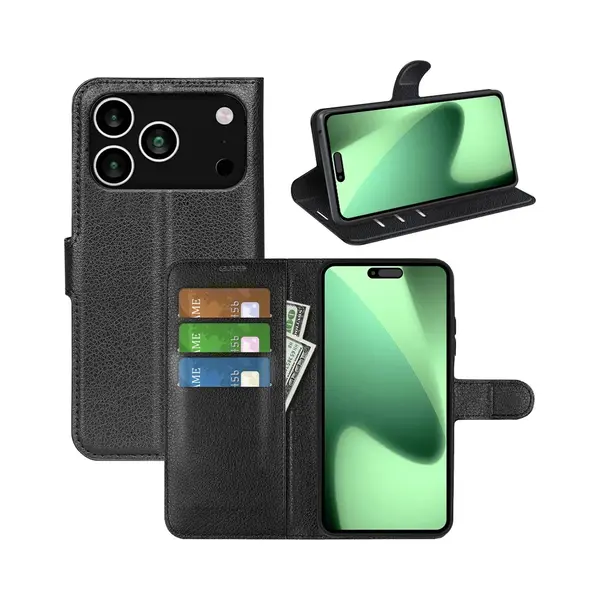 MobyDefend Hoesje - Geschikt Voor IPhone 17 Pro Max - Kunstleren Wallet Book Case (Sluiting Voorkant) - Zwart thumbnail