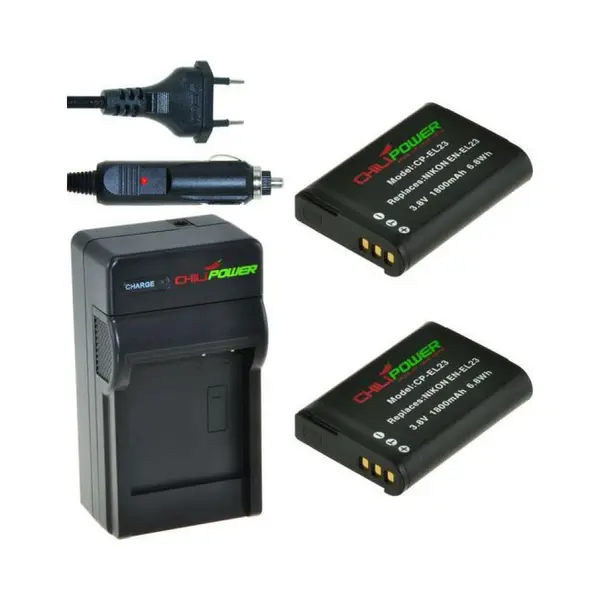 Chili Power 2 Camera-accu's En-EL23 Inclusief Oplader En Autolader - Origineel ChiliPower thumbnail