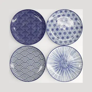 Tokyo Design Studio Nippon Blue 4-er Teller-Set Blau-weiß, Ø 25, 7 Cm, Ca. 3 Cm Hoch, Asiatisches Porzellan, Japanisches Design Mit Geometrischen