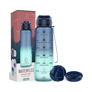 Lekro Motivatie Waterfles 1 Liter - Drinkfles Met Tijdmarkeringen En Fruitfilter - 100% Lekvrij - Blauw