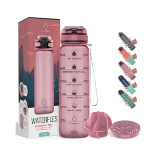 Lekro Motivatie Waterfles - Motiverende Drinkfles Met Tijdmarkeringen - Met Fruit Filter - 1 Liter - Bpa Vrij - Rosé Goud