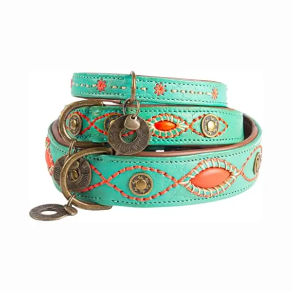 Dog With A Mission - Hundehalsband Xxs | Türkises Leder, Orange | Hübsch, Boho, Ethno, Urban, Hippie | Kleine Hunde | Handgemacht | Modisch Und Bunt thumbnail