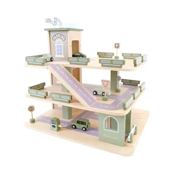 Bandits & Angels Holzspielzeuggarage Bandits Parkerlebnis Mit 3 Etagen Und Aufzug – Inklusive 4 Autos – Spielzeugautogarage Aus Holz – thumbnail