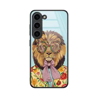 Tmk Hoesje Geschikt Voor Samsung Galaxy S23 - Retro Leeuw - Multi, Blauw - Tpu Luxe Case (glossy Toplaag) - Print - Hardcase Backcover Zwart