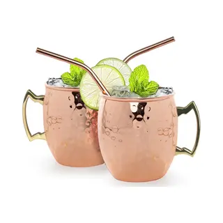 KitchenBrothers Moscow Mule Bekers - Cocktailglazen Met Rietjes - 2 Stuks - Koperen Beker - Verkoperd - 500ML