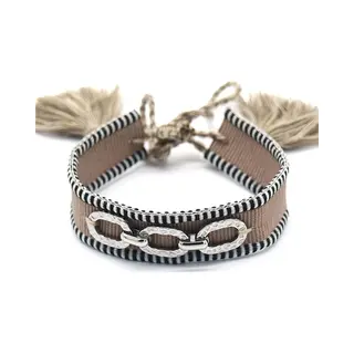MustHaves Stoffen Armband Dames - Rvs Schakel - Lengte Verstelbaar - Bruin En Zilverkleurig