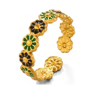 MustHaves Ring Met Bloemen - Rvs - One Size - Goudkleurig - Zwart/Groen
