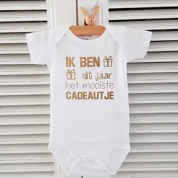 Baby Rompertje Met Tekst Zwangerschap Aankondiging - Announcement Ik Ben Dit Jaar Het Mooiste Cadeautje | Korte Mouw | Wit Goud | Maat 74/80 | Cadeau thumbnail