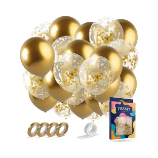 Fissaly 40 Stuks Gouden & Confetti Goud Helium Ballonnen Met Lint – Decoratie – Versiering - Papieren Confetti – Latex