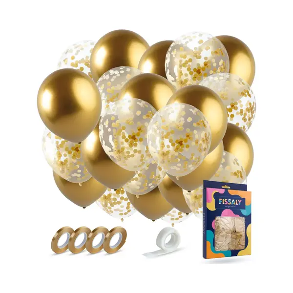 Fissaly 40 Stuks Gouden & Confetti Goud Helium Ballonnen Met Lint – Decoratie – Versiering - Papieren Confetti – Latex thumbnail