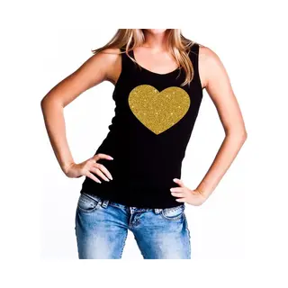Bellatio Decorations Gouden Hartje Glitters - Tanktop / Mouwloos T-shirt - Zwart - Voor Dames M