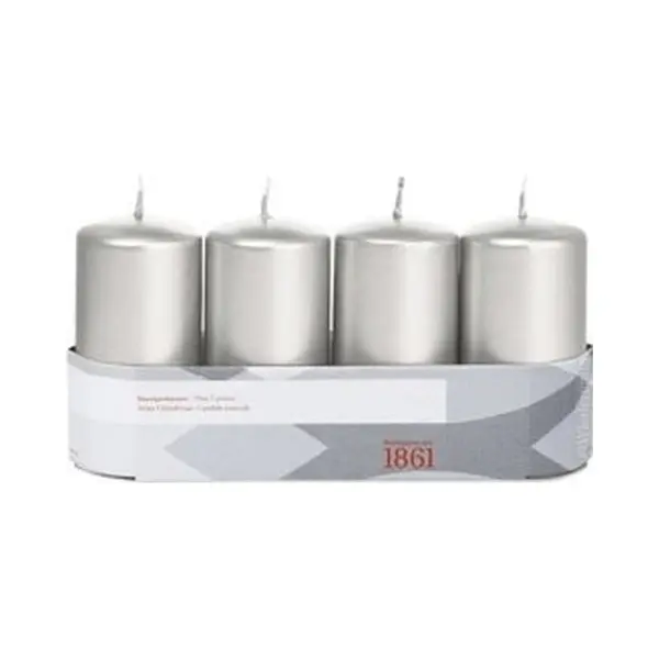 Trend Candles 4x Zilveren Cilinderkaars/stompkaars 5 X 10 Cm 18 Branduren - Geurloze Zilverkleurige Kaarsen - Woondecoraties thumbnail