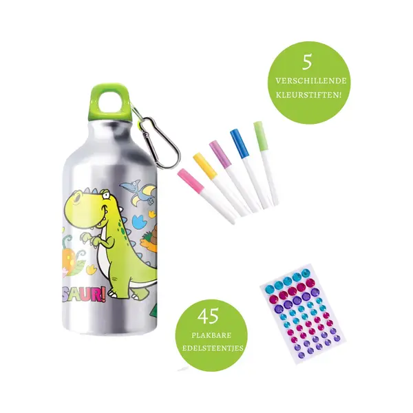 Kiddel Dinosaurus Diy Waterfles Kind – Inkleurbare Drinkfles Met Stiften & Stickers – Creatieve Bpa-vrije Rvs Fles – Herbruikbaar Knutselcadeau thumbnail