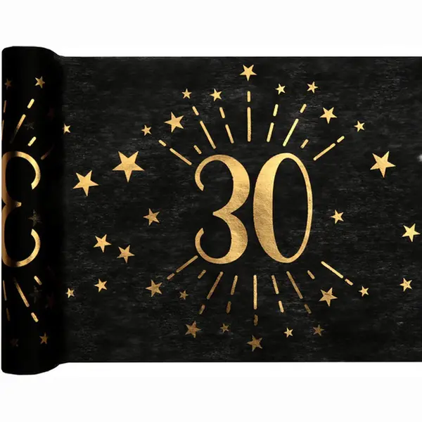 Santex Tafelloper 30 Jaar Verjaardag - 30 X 500 Cm - Op Rol - Zwart/goud - Feestartikelen thumbnail