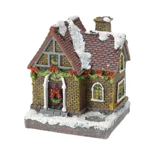Verlicht Kersthuisje - Gele Bakstenen - Polystone - 13 Cm - Kleur Veranderende Lichtjes - Kerstdorp - Kerstversiering