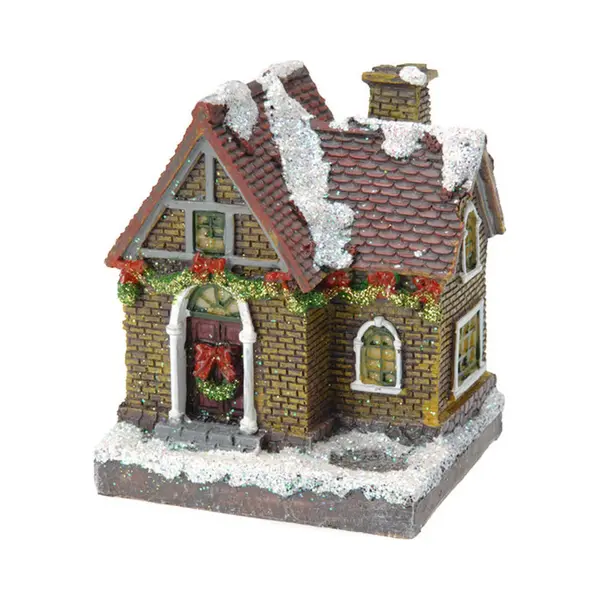 Verlicht Kersthuisje - Gele Bakstenen - Polystone - 13 Cm - Kleur Veranderende Lichtjes - Kerstdorp - Kerstversiering thumbnail